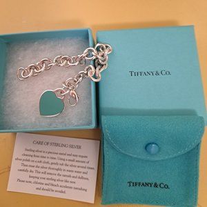 T&Co. Silver Blue Enamel Heart Tag Bracelet